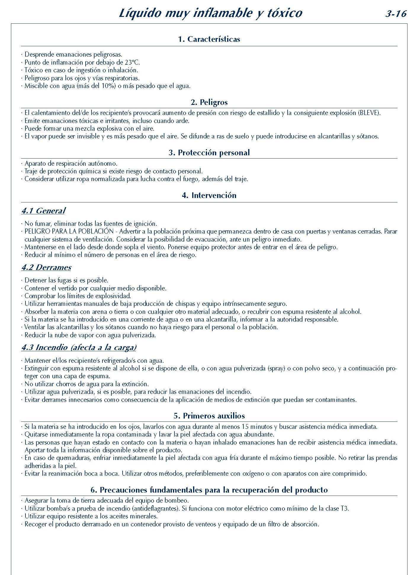 161 FICHA 3-16 LIQUIDO MUY INFLAMABLE TOXICO FICHAS EMERGENCIA